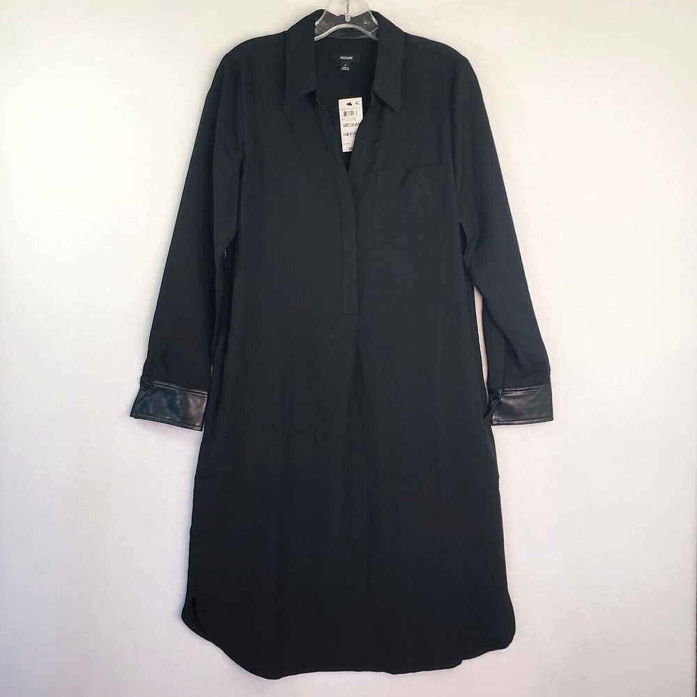 Alfani Shirt Dress Womens Size‎ M Black Faux Leather Cuff Long Sleeve Collared